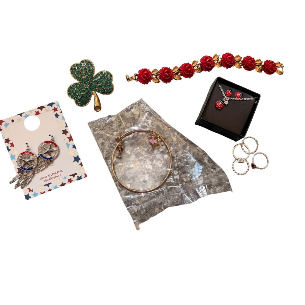 Vintage Avon Costume Jewelry Lot Ladybug Set Rose Bracelet Shamrock Brooch Rings